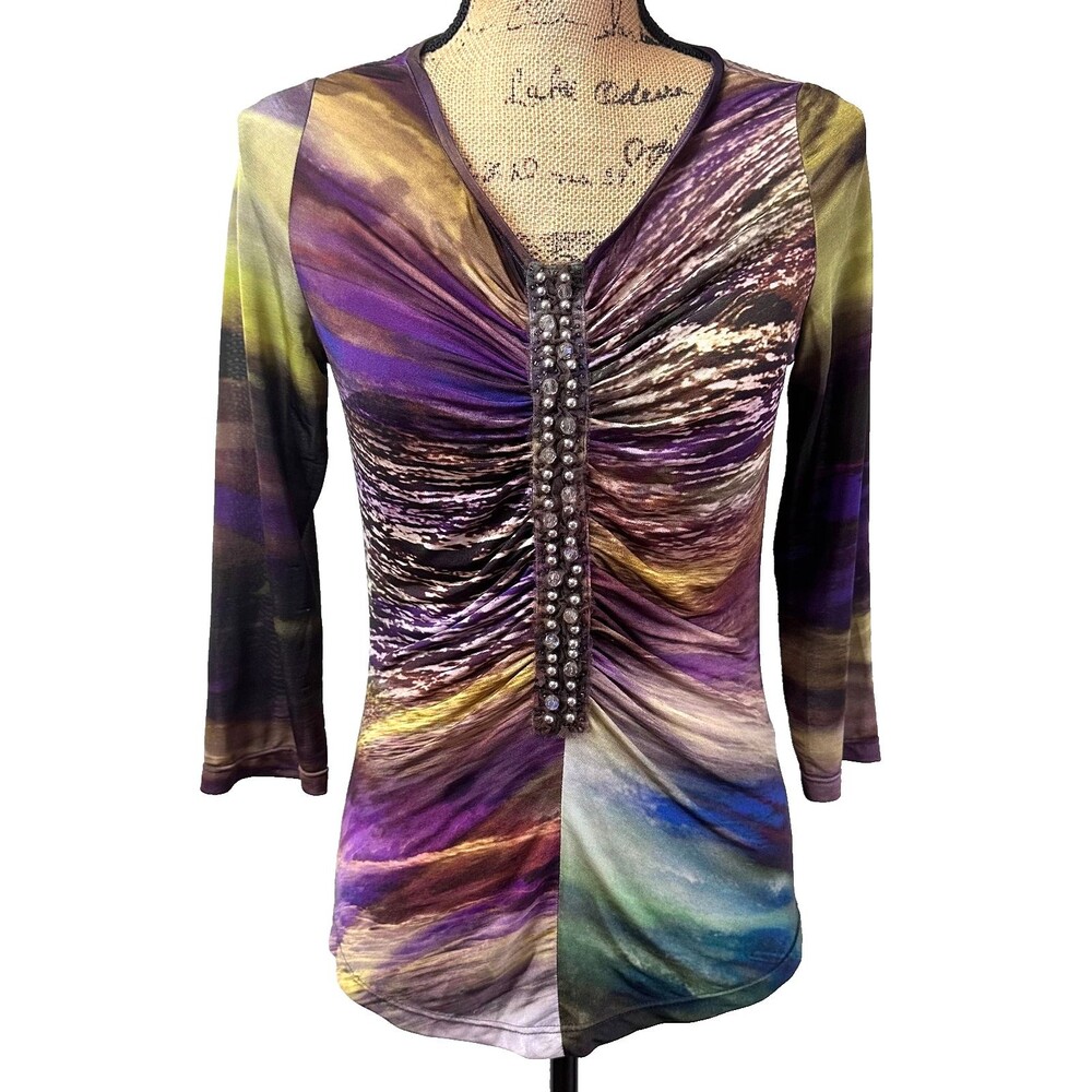 Javier Simorra Purple Green Abstract Print Ruched Beaded Stretch Blouse Top Sz 8